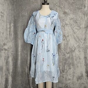 Blue Floral Embroidered Midi Dress Sheer Peter Pan Collar Bishop Sleeve Sz Large